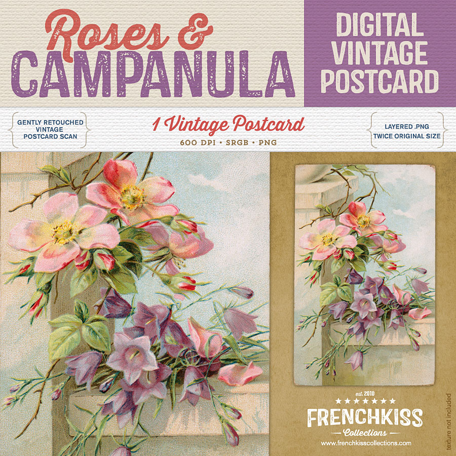 Roses and Campanula digital vintage postcard